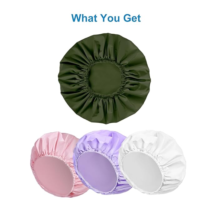Shower Cap for Women Set of 4, 1 Double-Layer Waterproof Bath Cap + 3 Single-Layer Waterproof Shower Caps – Reusable Hair Protector, TPU Coated Elastic Bathing Cap for Women & Men - Dark Green