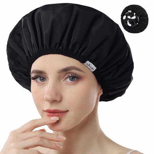 Years Calm Shower Caps For Women Reusable Waterproof，Pattern And Solid Color Dual-Layer Design For Dual-Layer Usable，Protects Hair In Shower, Spa, Cooking, Clean & Travel (Black, Extra Large)
