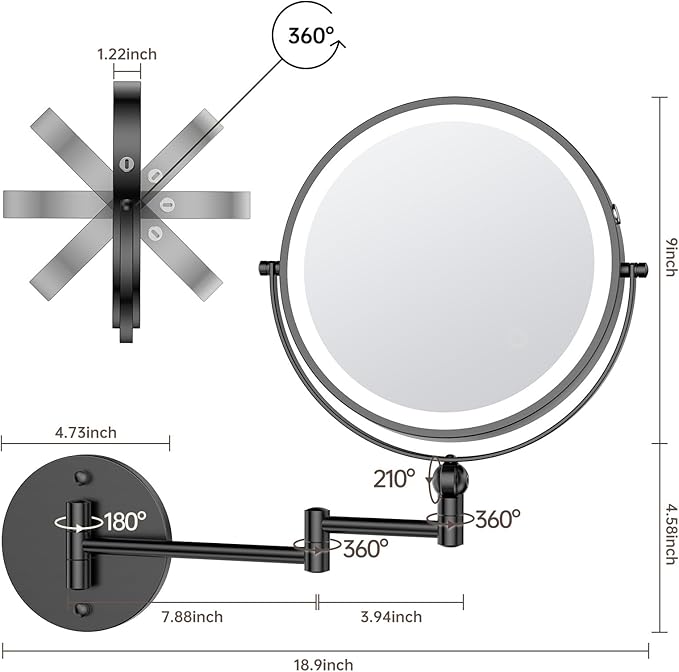 9" Wall Mounted Makeup Mirror with Lights, 4000mAh Rechargeable 1X/10X Wall Mounted Magnifying Mirror for Bathroom, 3 Color Lighting,Touch Screen Dimming,Extended Arm 360 Rotation Wall Mount Mirror B