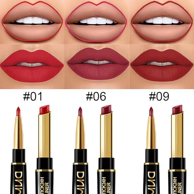 BINGBRUSH 2 IN 1 Lip Liner & Lipstick Makeup Set, Dark Red Matte Metallic Lipliner Set for Black Mature Women Waterproof Long Lasting Gift Set (3Pcs Set02-Matte:01#06#09#, 3Pcs)