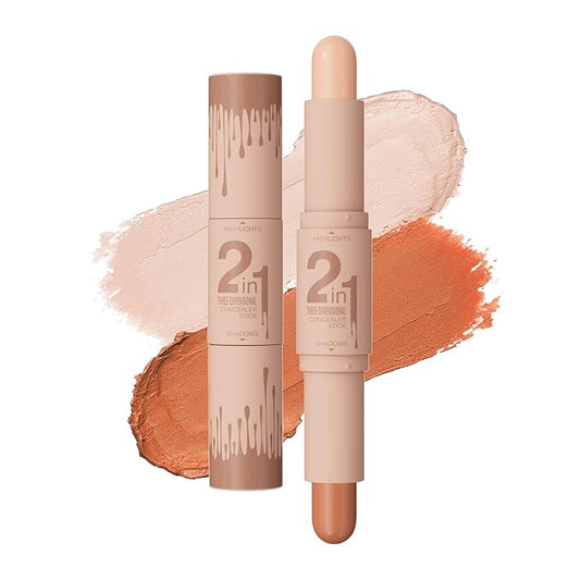 Dual-Ended Cream Contour Stick - Long-Lasting, Waterproof, Face Contour Makeup for All Skin Tones Highlighter Stick Easy to Blend, Achieve a Flawless Look (#02 Light lvory+Light coffee, A)