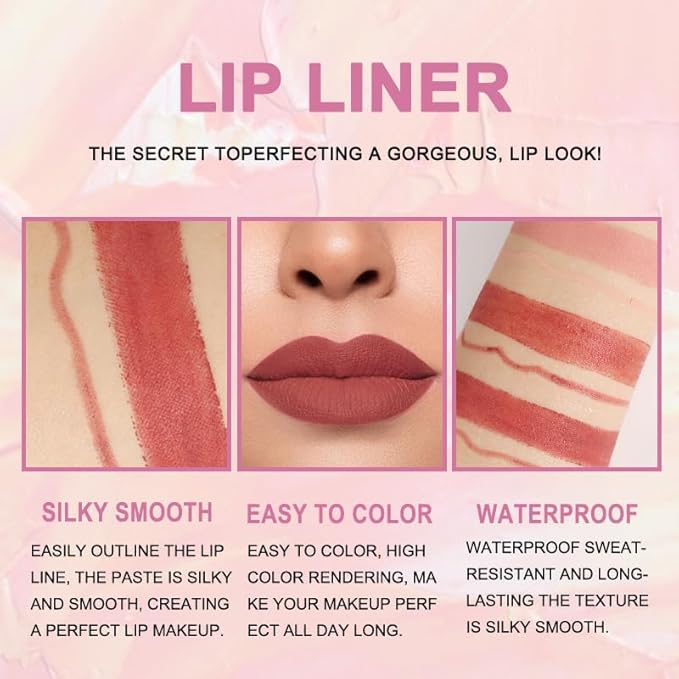 BINGBRUSH 2 IN 1 Lip Liner & Lipstick Makeup Set, Dark Red Matte Metallic Lipliner Set for Black Mature Women Waterproof Long Lasting Gift Set (3Pcs Set04:03#07#10#, 3Pcs)