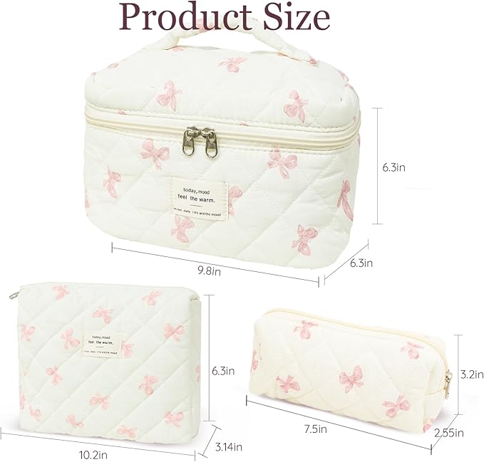 3Pcs Cotton Quilted Makeup Bag Set,Large Floral Cosmetic Bag，Aesthetic Toiletry Travel Makeup Bag Set and Cute Flower Bag for Women Girls (White Pink Bow)