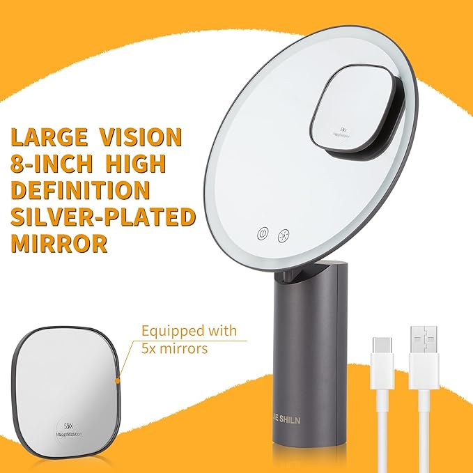 8.9" Vanity Mirror with Lights,Makeup Mirror with 3 LED Colors,5X Magnifying Mirror,Rechargeable & Brightness Adjustable,Touch Screen,Portable LED Mirror Gifts for Girls