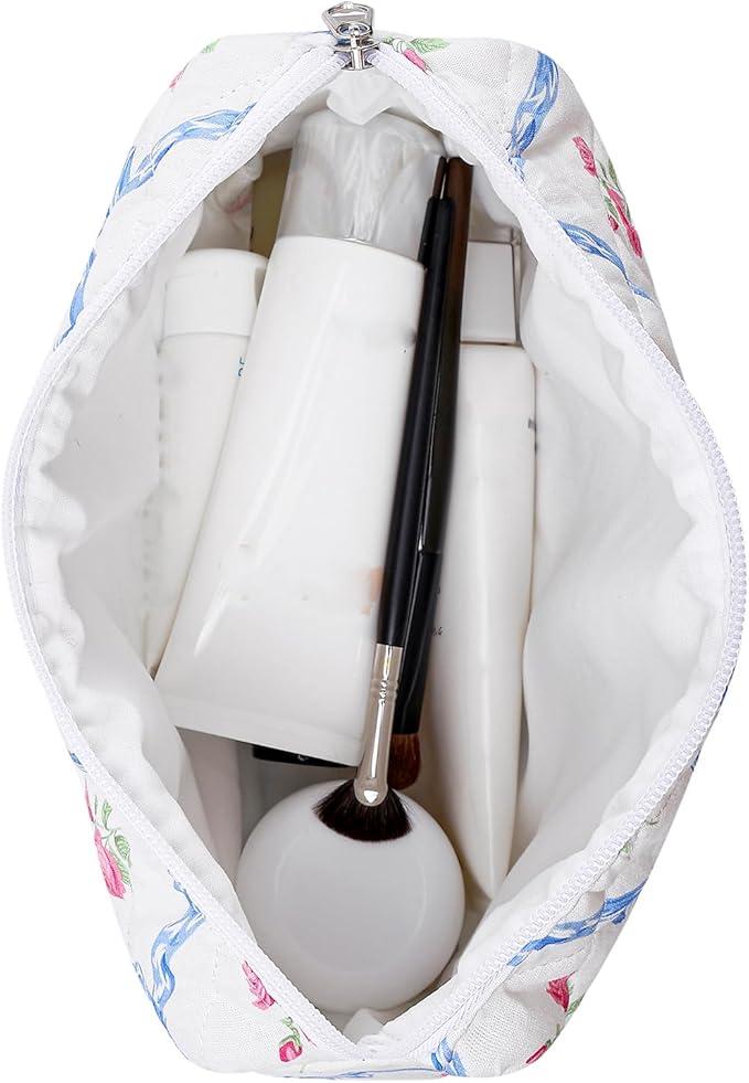 Makeup Bag Travel Cosmetic Bag for Women Girls, Zipper Make Up Pouch, Floral Flowers Toiletry Organizer Makeup, Portable Storage Cosmetic Travel Cloth Bag (L/Blue Bowknot)