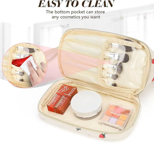 Makeup Bag for Women, Large Make Up Bag Corduroy Cosmetic Bag for Girls, Make up Travel Bag Essentials, Strawbery Cute Toiletry Bag for Women Travel Size Toiletries Bag