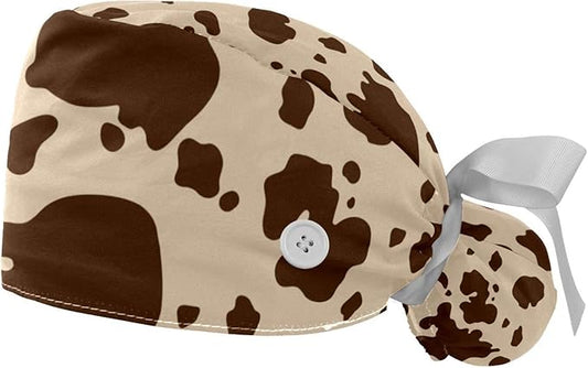 2 PCS Bouffant Cap with Button Ponytail Pouch Working Cap Sweatband Adjustable Surgical Cap Black and White Cow