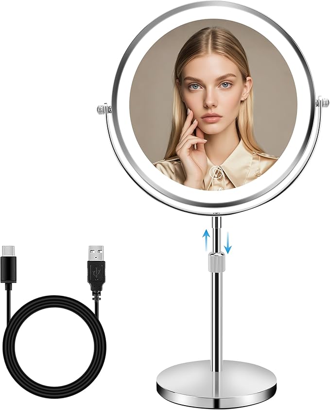 8.7" Large Lighted Makeup Mirror, 1X/10X Magnifying Mirror with 3 Color Dimmable Lights, Double Sided Vanity Mirror, Height Adjustable, 360° Swivel Cosmetic Mirror for Women Girl(Silver)