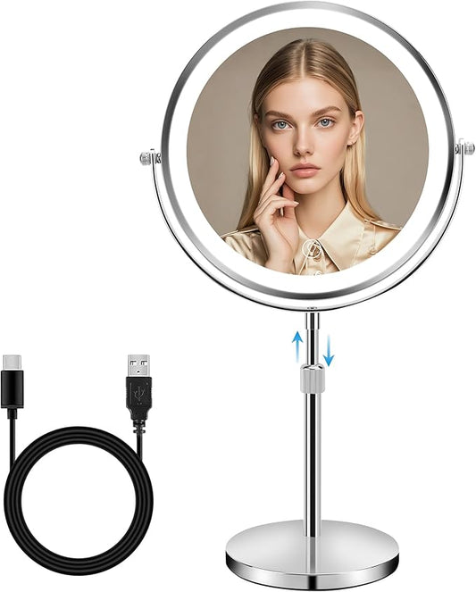 8.7" Large Lighted Makeup Mirror, 1X/10X Magnifying Mirror with 3 Color Dimmable Lights, Double Sided Vanity Mirror, Height Adjustable, 360° Swivel Cosmetic Mirror for Women Girl(Silver)