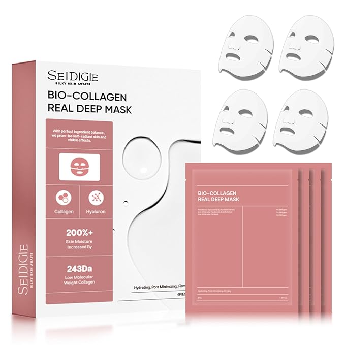 Bio-Collagen Face Mask, Deep Hydrating Overnight, Korean Skin Care, Facial Masks for Women, Pore Minimizing, Firming & Anti-Aging, Beauty Sheet Masks, 34g x 4-pack