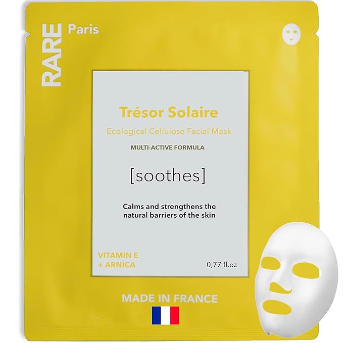 Trésor Solaire - Soothing Facial Sheet Mask - Soothing & Strengthening - With Vitamin E & Arnica - Brightening, Firming & Revitalizing - Multi-Active Serum Formula - 1 Pack