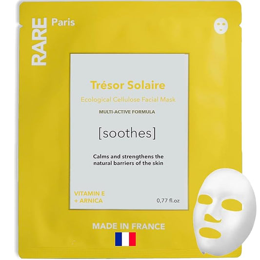 Trésor Solaire - Soothing Facial Sheet Mask - Soothing & Strengthening - With Vitamin E & Arnica - Brightening, Firming & Revitalizing - Multi-Active Serum Formula - 1 Pack