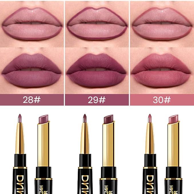BINGBRUSH 2 IN 1 Lip Liner & Lipstick Makeup Set, Dark Red Matte Metallic Lipliner Set for Black Mature Women Waterproof Long Lasting Gift Set (3Pcs Set11-Matte:28#29#30#, 3Pcs)