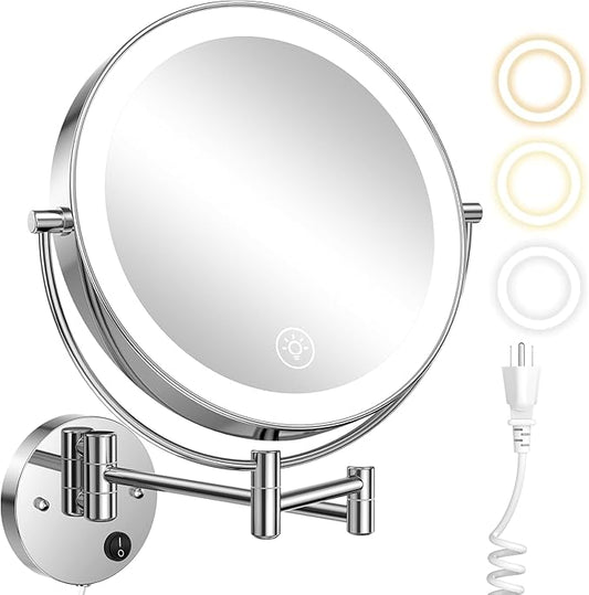 Anfauny 9 Inch Wall Mounted Lighted Makeup Mirror, Double Sided 1X/10X Magnifying LED Vanity Mirror with 3 Color Lights & Stepless Dimming, 360°Swivel Extendable Bathroom Cosmetic Mirror-Chrome