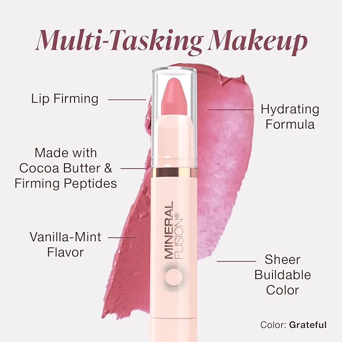 Mineral Fusion NEW Sheer Moisture Lip Tint, Buildable Lip Color, Hydrating Lip Balm with Jojoba Oil, Shea Butter & More, Hydrates & Nourishes, FD&C Dye-Free & Hypoallergenic, Grateful, Fuchsia Pink