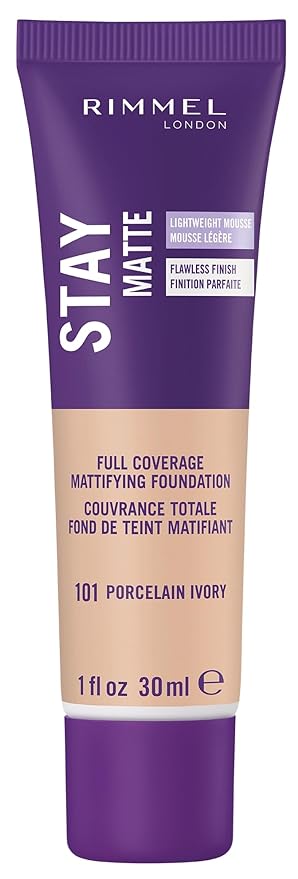 Rimmel London Stay Matte Liquid Mousse - 101 Porcelain Ivory - Foundation, Lightweight, Shine Control, Oil-Free, 1oz