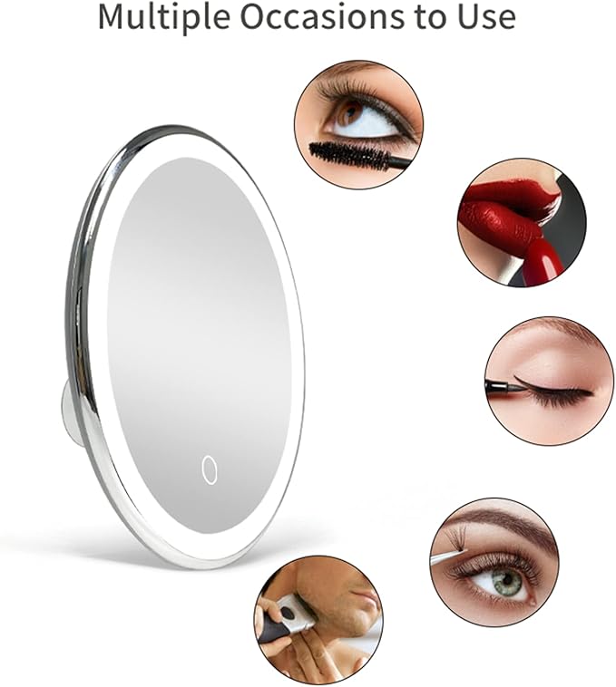 10X Magnifying Mirror Suction Cup with Light, Rechargeable Lighted Makeup Mirror, Compact Portable Bathroom Mirror for Travel