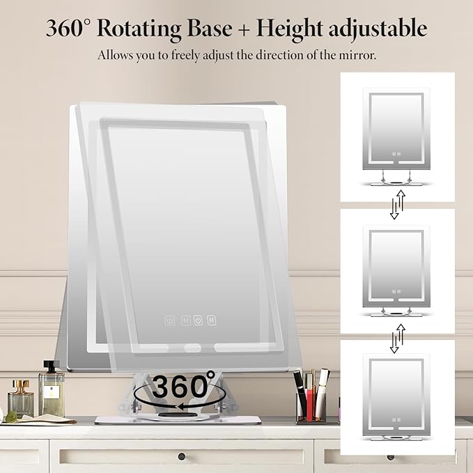 Makeup Mirror with Lights and 5X Magnification, 360°Rotation Lighted Makeup Mirror, Free Adjustable Angle and Height, Mirror with Lighting with Smart Touch for Bedroom Tabletop, Gift for Women