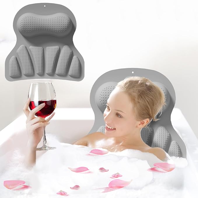 Bath Silicone Pillow Luxury Bathtub Pillow with Non-Slip Suction Cup (Gray)