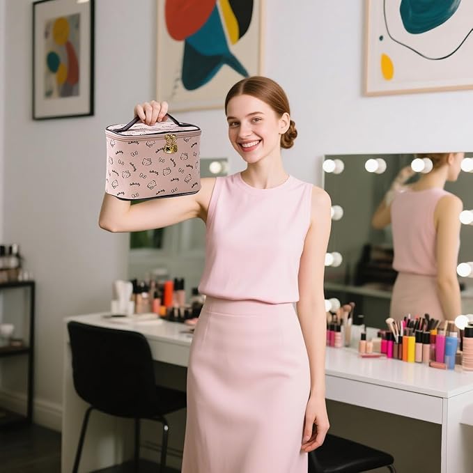 AmBealla Make up Bag Travel Cosmetic Bags Brush Holder Zipper Pouch Case Organizer Cute Organizer Suitable for Purse for Women (Light Pink Bucket Bag)