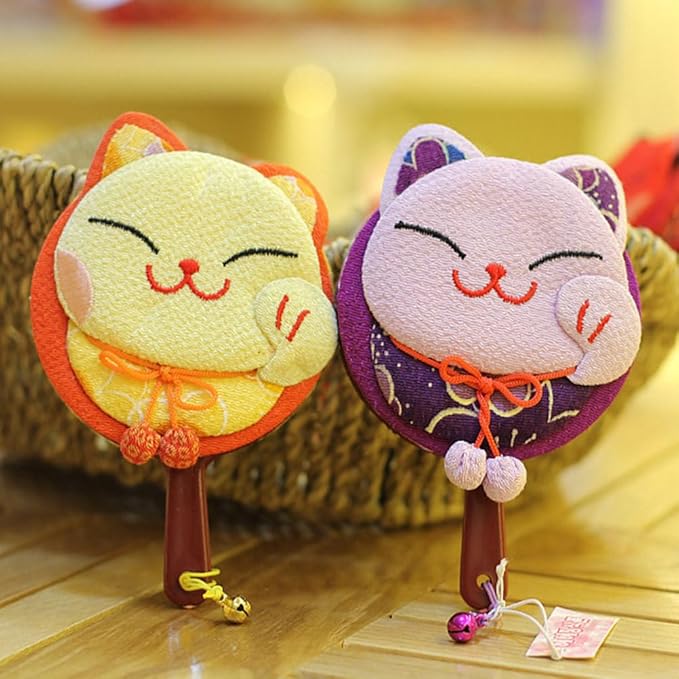 HEALLILY Pocket Hand Mirror - Maneki Neko Japanese Lucky Cat Design - Lightweight & Portable Travel Makeup Mirror - Double Sided - Random Color