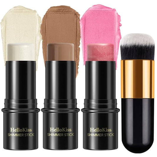 3 Pcs Face Contour Stick Kit, Matte Finish Face Stick Trio with Bronzer Blush Highlighter and Brush, Long Lasting Waterproof Cream Beauty Wand Makeup Set for Sculpt Glowing Face Look (#2, 10, 11)