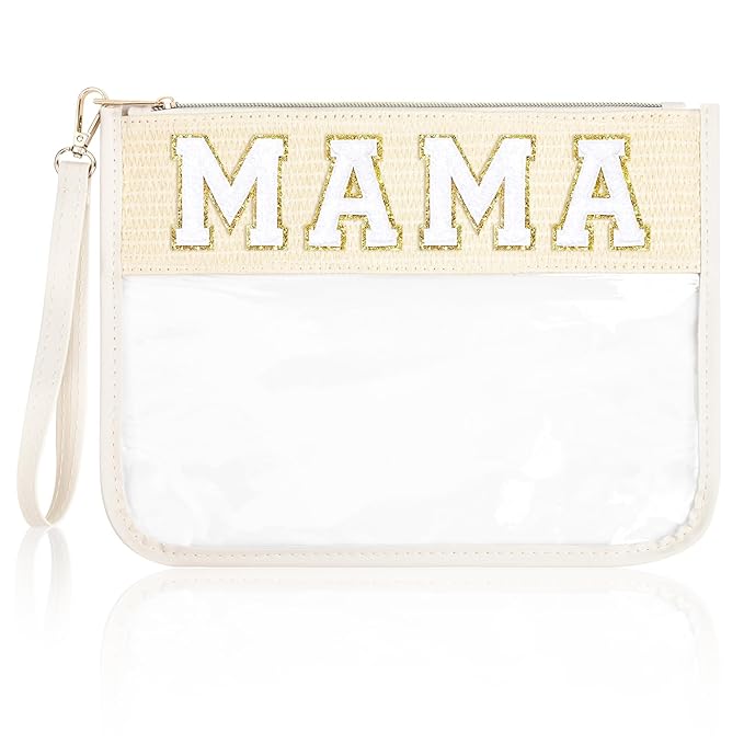 Mama Bag Mother Gifts Mama Chenille Letter Clear Makeup Bag Pouch Clear Zipper Pouch with Wristlet Travel Cosmetic Bag Graduation Retirement Mama Gifts for Women