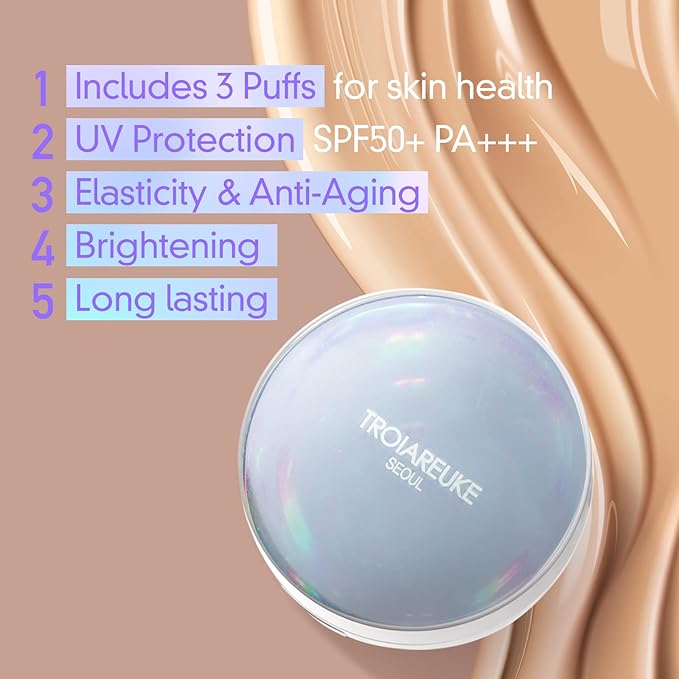 TROIAREUKE Seoul "Bridal" Cushion Foundation(#22, Yellow Beige), Korean Cushion Foundation, K-Beauty, Hydrating, Long-lasting, Lightweight, Natural Finish, Anti-Aging, Moisture, Whitening, SPF 50+