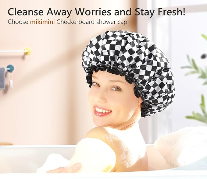 mikimini Shower Cap for Women and Girls, Elegant Chessboard Design,Double-layer Waterproof, Reusable, Washable, No Odor, Medium