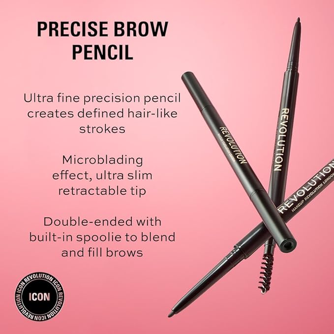 Revolution, Precise Brow Pencil, Double Ended, Ultra-Fine Pencil Tool, Includes Spoolie Brush, Medium Brown