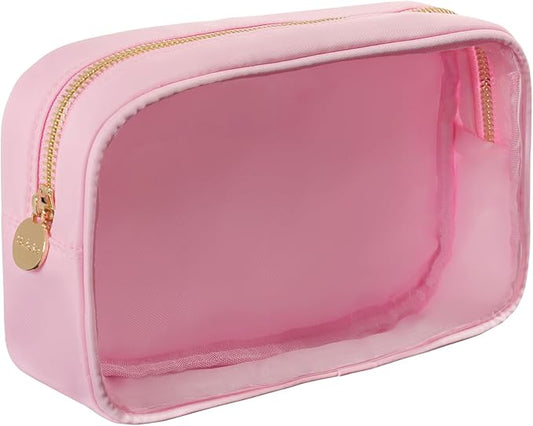 Medium Preppy Transparent Makeup Pouch Women Travel Clear TPU and Nylon Cosmetic Pouch (Medium, Pink)