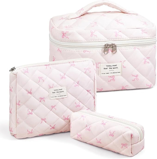 3 Piece Cute Bow Pink Quilted Makeup Bag Set, Large Capacity Travel Makeup Bags for Women and Girls, Includes Small, Medium, and Extra Large aesthetic makeup&Cosmetic Bags (3PCS-Pink SlimBow)