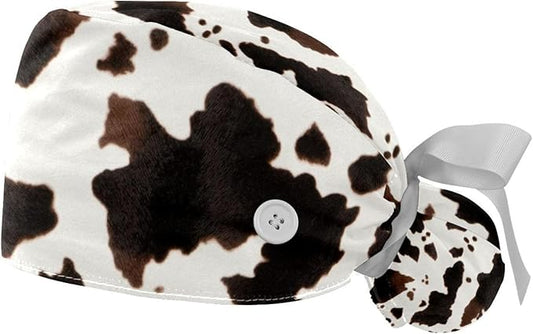 2 PCS Bouffant Cap with Button Ponytail Pouch Working Cap Sweatband Adjustable Surgical Cap Black and White Cow
