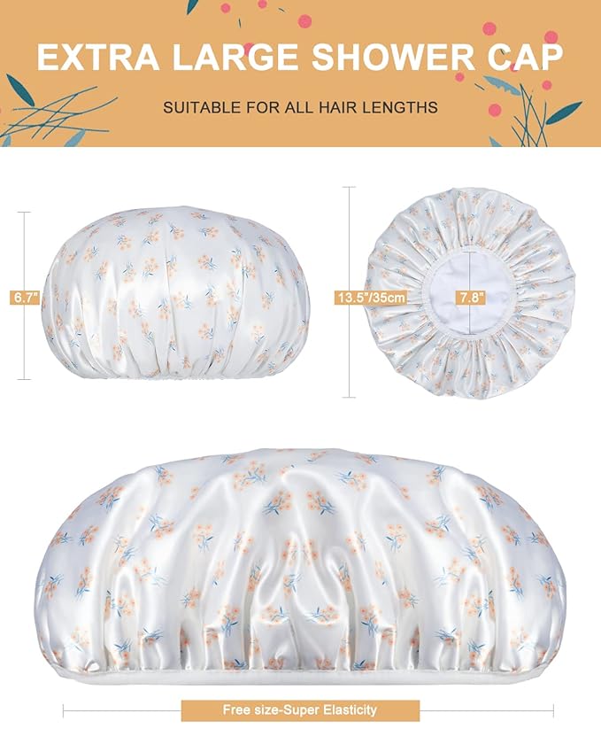 Shower Caps, Triple Layer Large Shower Cap for Women, Reusable Shower Caps for Long Thick Hair (Yellow floral)
