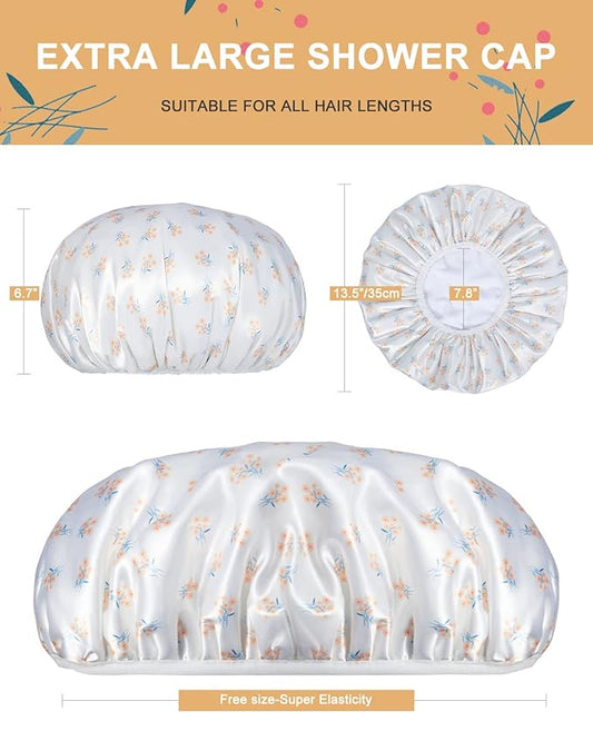 Shower Caps, Triple Layer Large Shower Cap for Women, Reusable Shower Caps for Long Thick Hair (Yellow floral)