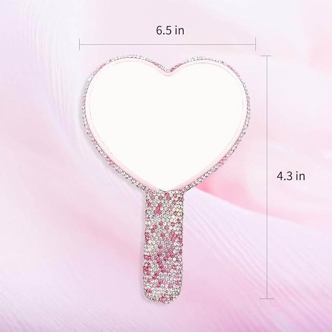 LOPURO Sparkling Rhinestone Heart Shaped Handheld Mirror, Rhinestone Handheld Heart Mirror Bling Glitter Cute Cosmetic Hand Mirror with Handle Portable Makeup Mirror for Women Travel