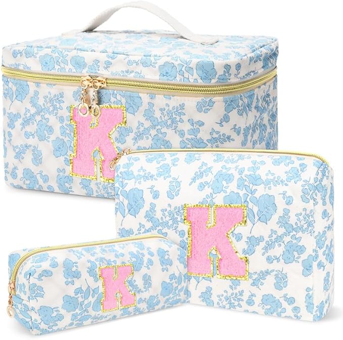 3 PCS Travel Makeup Bag Set, A-Z Initials Cotton Make up Bag Floral Quilted Cosmetic Bag for Girls and Women, Personalized Cute Toiletry Bag Travel Accessories Brushes Bag Blue - K