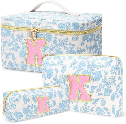 3 PCS Travel Makeup Bag Set, A-Z Initials Cotton Make up Bag Floral Quilted Cosmetic Bag for Girls and Women, Personalized Cute Toiletry Bag Travel Accessories Brushes Bag Blue - K