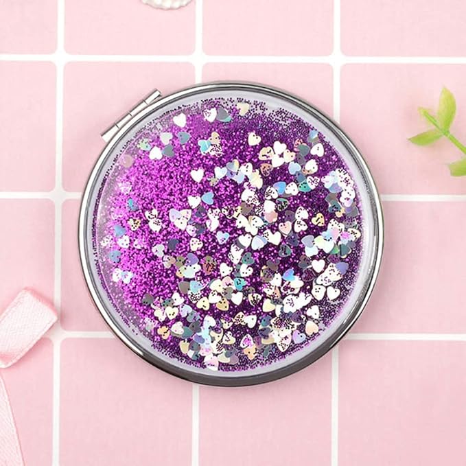AKOAK 1 Pack Compact Mirror, Portable Quicksand Pocket Travel Makeup Mirror, Folding Hand-held Double Sided 1x/2x Magnifying Glass, Great Gift for Women and Girls (Purple)