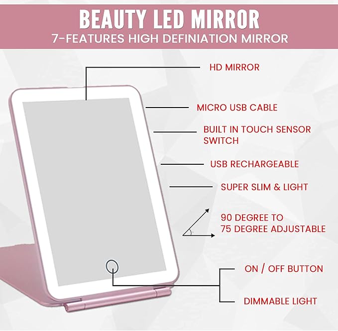 Makeup Mirror with LED Lights – USB Rechargeable Led Lighted Vanity Mirror | Travel Mirror with 3 Color Lights | Touch Screen Sensor Portable and Magnifying Mirror
