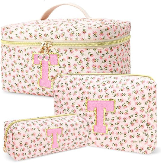 3 PCS Travel Makeup Bag Set, A-Z Initials Cotton Make up Bag Floral Quilted Cosmetic Bag for Girls and Women, Personalized Cute Toiletry Bag Travel Accessories Brushes Bag Flower - T