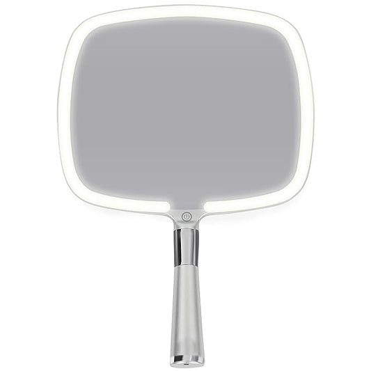 MIRRORVANA Lighted Travel Makeup Mirror - 2 in 1 Hand Mirror & Table Mirror with 3 Lighting Modes, Detachable Stand and Comfy Handle - 9" x 13" (Shiny Silver)