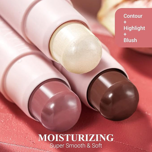 3PCS Cream Blush Highlighter Bronzer Contour Stick, Face Make up Kit Sticks for Girls and Women #HCB2 Medium to Dark