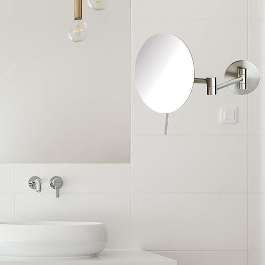 Sharper Image Jerdon 7.75-Inch Wall Mount Mirror - Makeup Mirror with 5X Magnification & 14-inch Wall Extension - Nickel Finish Round Personal Mirror - Model JRT685N