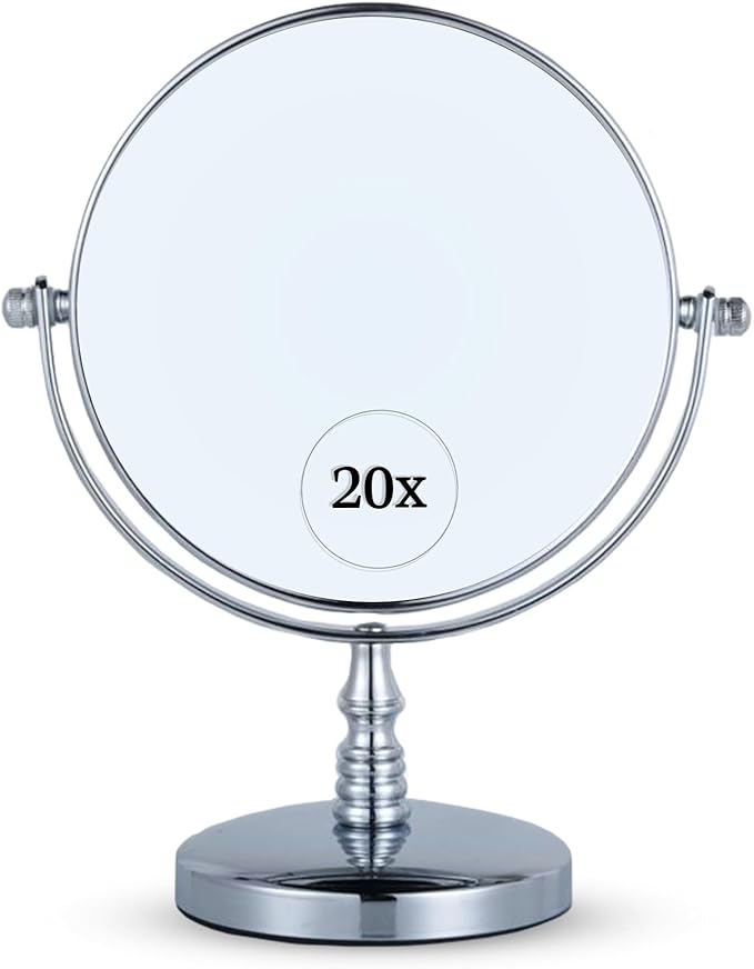 MIRRORVANA 20X Magnifying Makeup Mirror with Stand - Double-Sided 20X/1X Vanity Design for Desk, Countertop, or Bathroom Use - Ideal for Make Up and Skin Care Use - Stands 9" High x 6" Wide (Chrome)