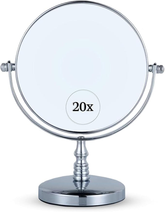 MIRRORVANA 20X Magnifying Makeup Mirror with Stand - Double-Sided 20X/1X Vanity Design for Desk, Countertop, or Bathroom Use - Ideal for Make Up and Skin Care Use - Stands 9" High x 6" Wide (Chrome)