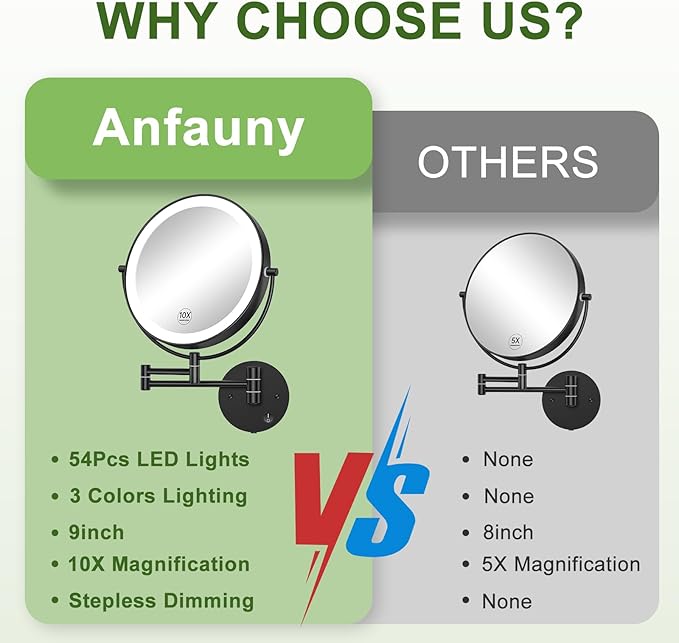 Anfauny 9 Inch Wall Mounted Lighted Makeup Mirror, Double Sided 1X/10X Magnifying LED Vanity with 3 Color Lights and Stepless Dimming, 360°Swivel Extendable Cosmetic for Bathroom- Black
