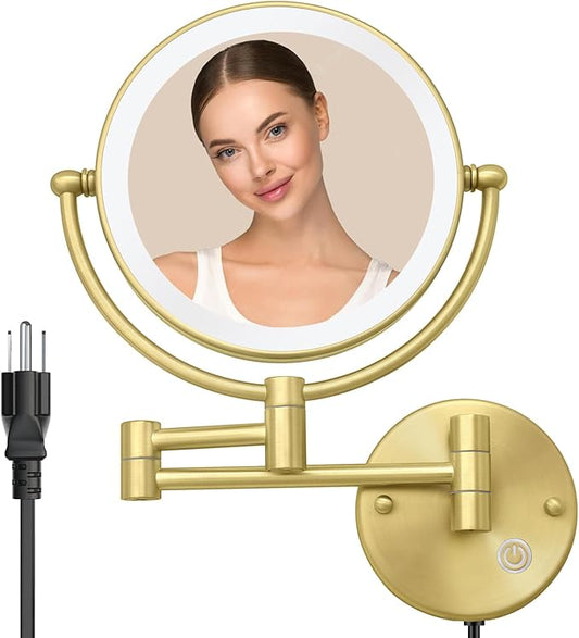 8 Inch Brass Wall Makeup Mirror Swing Arm, 5X Magnifying Mirror Wall Mounted, 2 Sided Bathroom Lighted Vanity Mirror, Powered by Plug in, Brushed Gold