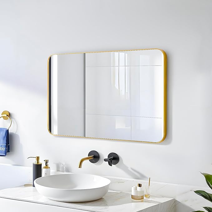 20x30 Rectangle Mirror Full Length Wall Mounted Hanging or Against Wall Metal Frame Dressing Make-up Mirrors for Entryway Bedroom Bathroom Living Room 20 30 inch Gold