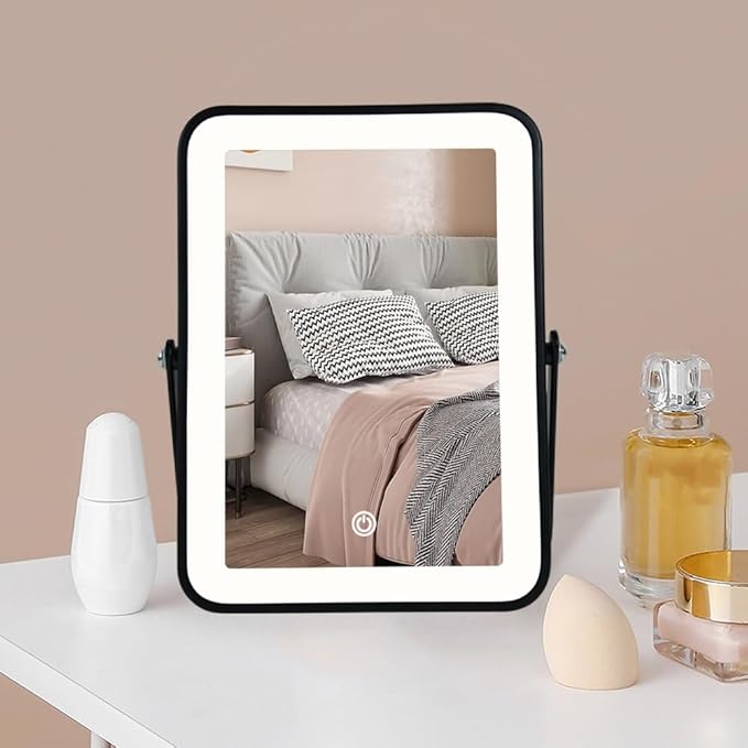 Black Rechargeable Makeup Vanity Mirror with Lights, Small Desk Makeup Mirror with Lights, 3 Lighting Modes, Dimmable Touch Screen, Tabletop Light up Mirror